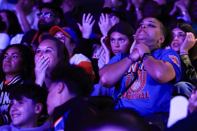 Supporters attend a watch party during Game Six of the Eastern Conference Finals of the 2025 NBA Playoffs between the New York Knicks and the Indiana Pacers at Madison Square Garden in New York on May 31, 2025. (Photo by CHARLY TRIBALLEAU / AFP)