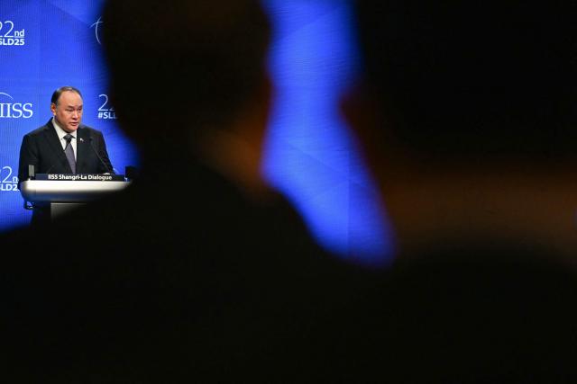 Philippines' Secretary of Defense Gilberto Teodoro Jr delivers a speech during the fifth plenary session at the Shangri-La Dialogue Summit in Singapore on June 1, 2025. (Photo by MOHD RASFAN / AFP)