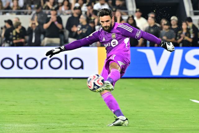 LAFC's French goalkeeper #01 Hugo Lloris kicks the ball during a play-in match between LAFC and Club America for the final spot in the 2025 FIFA Club World Cup, at BMO Stadium in Los Angeles, California, on May 31, 2025. (Photo by Frederic J. BROWN / AFP)