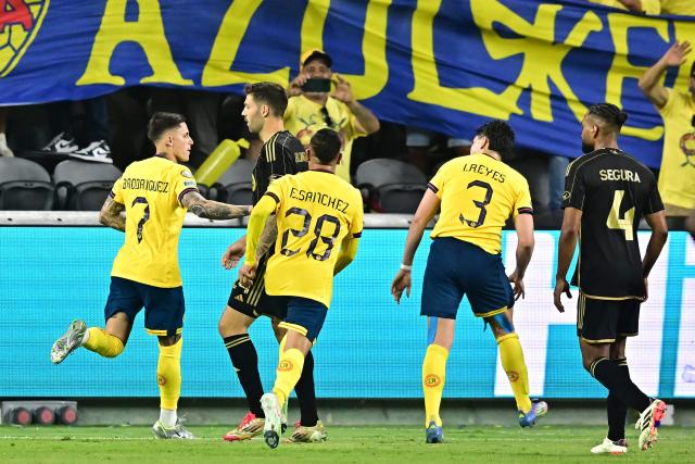 Club America's Uruguayan midfielder #07 Brian Rodriguez celebrates scoring his team's first goal from the penalty spot during a play-in match between LAFC and Club America for the final spot in the 2025 FIFA Club World Cup, at BMO Stadium in Los Angeles, California, on May 31, 2025. (Photo by Frederic J. BROWN / AFP)