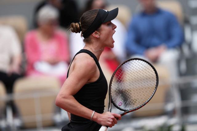 Ukraine's Elina Svitolina reacts after a point during her women's singles match against Italy's Jasmine Paolini on day 8 of the French Open tennis tournament on Court Philippe-Chatrier at the Roland-Garros Complex in Paris on June 1, 2025. (Photo by Dimitar DILKOFF / AFP)
