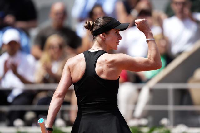 Ukraine's Elina Svitolina reacts after a point during her women's singles match against Italy's Jasmine Paolini on day 8 of the French Open tennis tournament on Court Philippe-Chatrier at the Roland-Garros Complex in Paris on June 1, 2025. (Photo by Dimitar DILKOFF / AFP)