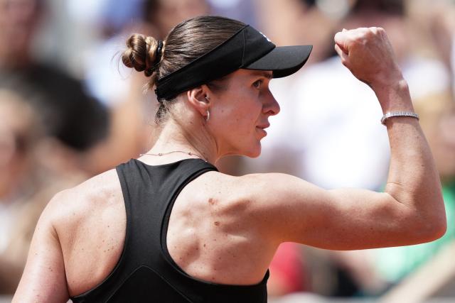 Ukraine's Elina Svitolina reacts after a point during her women's singles match against Italy's Jasmine Paolini on day 8 of the French Open tennis tournament on Court Philippe-Chatrier at the Roland-Garros Complex in Paris on June 1, 2025. (Photo by Dimitar DILKOFF / AFP)