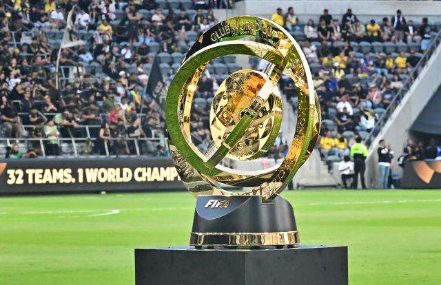 The FIFA Club World Cup trophy is seen on display prior to kickoff for the play-in match between LAFC and Club America for the final spot in the 2025 FIFA Club World Cup, at BMO Stadium in Los Angeles, California, on May 31, 2025. (Photo by Frederic J. BROWN / AFP)
