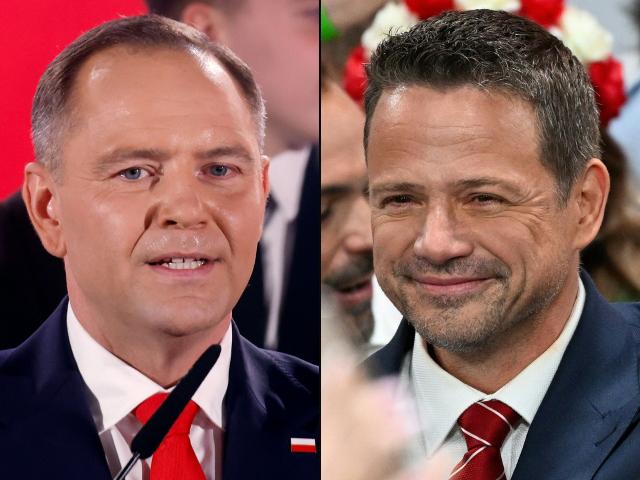 (COMBO) This combination created of pictures taken in Warsaw on June 1, 2025 shows the 2025 Polish presidential election candidates, Karol Nawrocki (L), supported by Poland's right-wing Law and Justice (PiS) party, as he addresses supporters as exit polls were announced during their election night event at the Mala Warszawa Theatre, during the second round of the presidential elections, and Rafal Trzaskowski (R), Warsaw's Mayor and member of ruling centrist Civic Coalition party, greeting supporters during the election night event at the the National Museum of Ethnography. The centrist and nationalist candidates vying for the Polish presidency were neck and neck, an exit poll showed on June 1, each predicting victory in a vote with major implications for Poland's pro-EU government. (Photo by Wojtek RADWANSKI and Sergei GAPON / AFP)