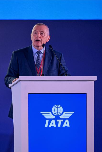 Willie Walsh, Director General of the International Air Transport Association (IATA), speaks during the IATA annual general meeting and World Air Transport Summit (WATS) in New Delhi on June 2, 2025. Walsh, addressing IATA delegates, called for the aviation sector to be spared from increased tariffs -- though he did not name US President Donald Trump, who launched a trade war in early April. (Photo by Money SHARMA / AFP)