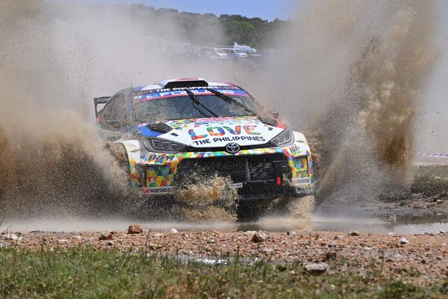 Toyota PH.PH's Spanish driver Jan Solans steers his Toyota GR Yaris Rally 2 (WRC2) with Spain co-driver Rodrigo Sanjuan, during the shakedown in Cabu Abbas, near Olbia, in the 22nd edition of Rally of Sardegna in Italy, 6th round of the FIA World Rally Championship (WRC), on June 5, 2025. (Photo by Andreas SOLARO / AFP)