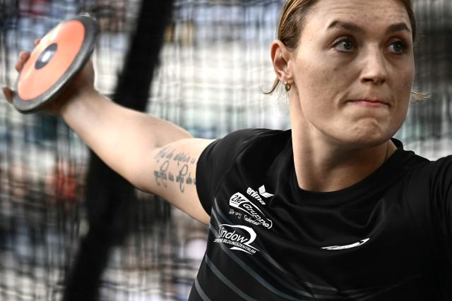 Germany's Kristin Pudenz competes in the women's discus throw event of the Diamond League athletics meeting at the Olympic stadium in Rome on June 6, 2025. (Photo by Filippo MONTEFORTE / AFP)