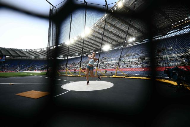 US' Valarie Allman competes in the women's discus throw event of the Diamond League athletics meeting at the Olympic stadium in Rome on June 6, 2025. (Photo by Filippo MONTEFORTE / AFP)