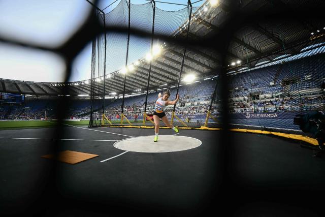 Croatia's Sandra Elkasevic competes in the women's discus throw event of the Diamond League athletics meeting at the Olympic stadium in Rome on June 6, 2025. (Photo by Filippo MONTEFORTE / AFP)