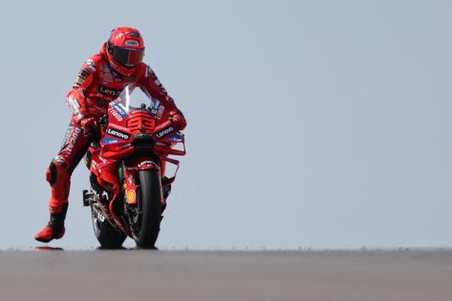 Ducati Lenovo Team's Spanish rider Marc Marquez rides during the free practice session of the MotoGP Aragon Grand Prix at the Motorland circuit in Alcaniz, northeastern Spain, on June 7, 2025. (Photo by LLUIS GENE / AFP)