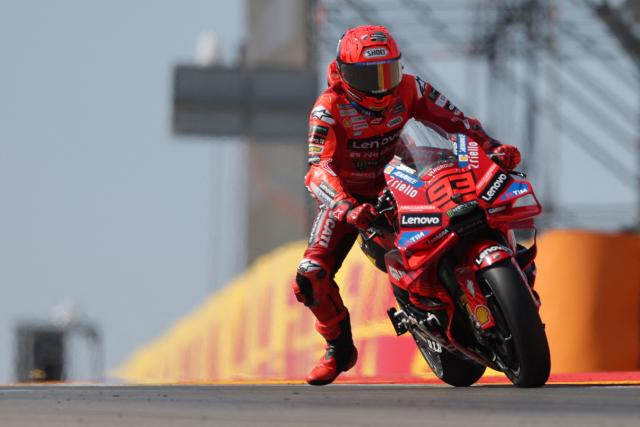 Ducati Lenovo Team's Spanish rider Marc Marquez rides during the free practice session of the MotoGP Aragon Grand Prix at the Motorland circuit in Alcaniz, northeastern Spain, on June 7, 2025. (Photo by LLUIS GENE / AFP)