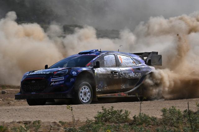 M-Sport Ford World Rally Team's Greek driver Jourdan Serderidis and Belgian co-driver Frederic Miclotte drive their Ford Puma Rally 1 as they compete in the SS7 special between Ciluna and Loelle during the 22nd edition of the Rally Italia Sardegna, 6th round of the FIA World Rally Championship (WRC), near Budusso, Sardinia, on June 7, 2025. (Photo by Andreas SOLARO / AFP)