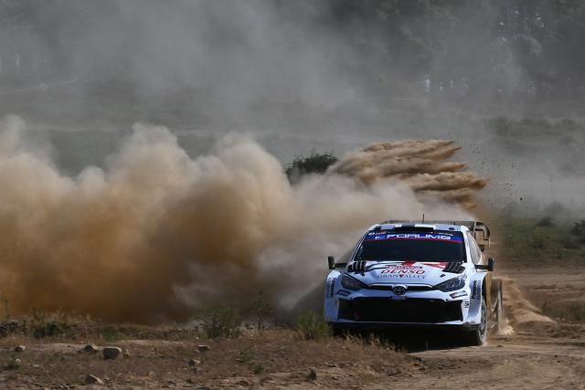 Finland's Sami Pajari and his co-driver Findland's Marko Salminen drive their Toyota GR Yaris Rally 1 as they compete in the SS7 special between Ciluna and Loelle during the 22nd edition of the Rally Italia Sardegna, 6th round of the FIA World Rally Championship (WRC), near Budusso, Sardinia, on June 7, 2025. (Photo by Andreas SOLARO / AFP)
