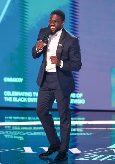 US comedian actor and host Kevin Hart speaks on stage during the 2025 BET Awards at the Peacock Theatre in Los Angeles on June 9, 2025. (Photo by Michael Tran / AFP)