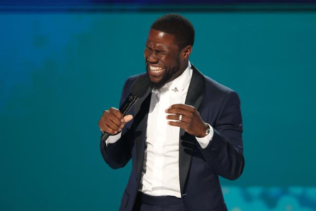 US comedian actor and host Kevin Hart laughs as he speaks on stage during the 2025 BET Awards at the Peacock Theatre in Los Angeles on June 9, 2025. (Photo by Michael Tran / AFP)