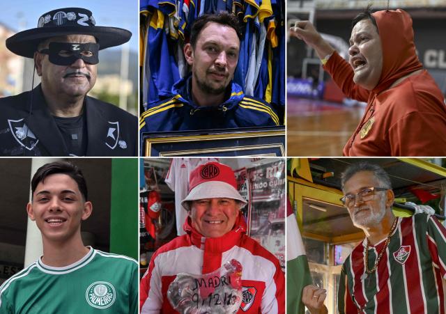 (COMBO) This combination of file pictures created on June 12, 2025 shows (L-R, Top) Francisco Correia, known as Zorro from Botafogo, posing for a picture in front of the Nilton Santos stadium in Rio de Janeiro, Brazil, on June 4, 2025; Pablo Knack, 40, a Boca Juniors fan, posing for a photo in the attic of his house in Bella Vista, Buenos Aires province, on June 9, 2025; Fernando Souza, known as Chapolin from Flamengo, reacting in a basketball match between Franca and Flamengo at the Tijuca Tenis Clube gymnasium in the Tijuca neighbourhood, north zone of Rio de Janeiro, Brazil, on June 3, 2025; and (L-R) Palmeiras' fan, Guilherme Lima, 18, posing for a picture in front of Allianz Parque stadium, of the Sociedade Esportiva Palmeiras team, in Sao Paulo, Brazil, on June 7, 2025; Miguel Aguirre, 70, a River Plate fan known as 'El Tucu', posing for a photo at his house painted red and white in Lanus, Buenos Aires province on June 12, 2025; Ailton Arruda, 57, known as 'Pipoqueiro Tricolour' (Tricolour Popcorn Maker), posing for a picture with his cart decorated to honour Brazil's football team Fluminense in the Tijuca neighbourhood, in the north zone of Rio de Janeiro, Brazil, on June 11, 2025. Latin American fans are gearing up for the first expanded FIFA Club World Cup, which will feature 32 teams. The tournament will be hosted by the United States from June 14 to July 13, 2025, across 11 host cities, primarily located on the East Coast. (Photo by AFP)