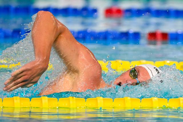 France's David Aubry competes in men's 400m freestyle series during the French national swimming championships at Montpellier, southern France on June 14, 2025. (Photo by Sylvain THOMAS / AFP)