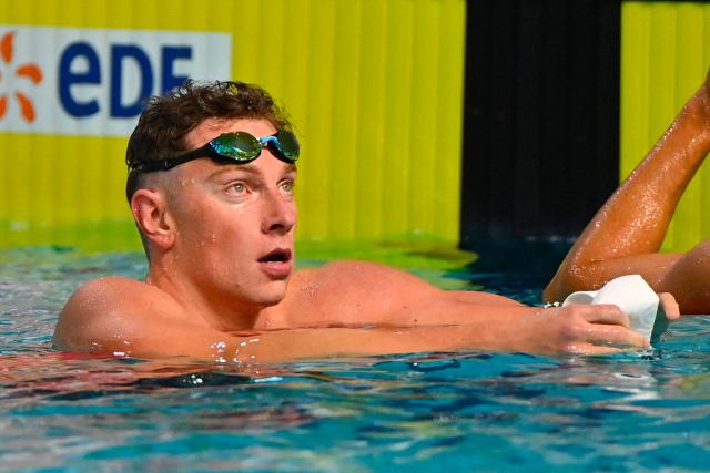France's David Aubry looks on after winning his men's 400m freestyle series during the French national swimming championships at Montpellier, southern France on June 14, 2025. (Photo by Sylvain THOMAS / AFP)
