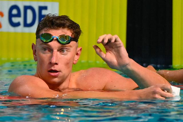 France's David Aubry looks on after winning his men's 400m freestyle series during the French national swimming championships at Montpellier, southern France on June 14, 2025. (Photo by Sylvain THOMAS / AFP)
