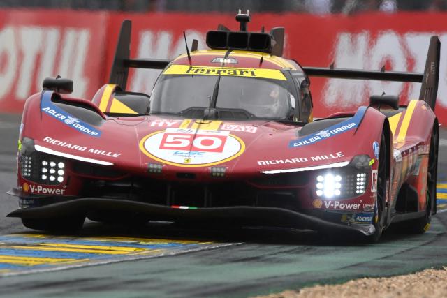 Ferrari AF Corse's Danish driver #50 Nicklas Nielsen steers his hypercar during the 2025 Le Mans 24 hour endurance race, at the Le Mans circuit, in north-western France on June 14, 2025. (Photo by JEAN-FRANCOIS MONIER / AFP)