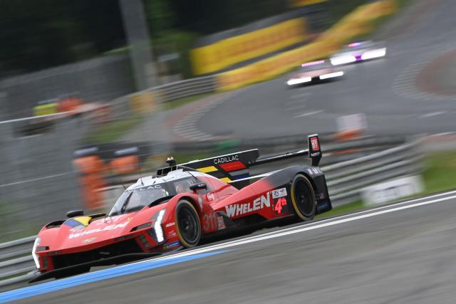 Cadillac Whelen's British Driver #311 Jack Aitken steers his hypercar during the 2025 Le Mans 24 hour endurance race, at the Le Mans circuit, in north-western France on June 14, 2025. (Photo by JEAN-FRANCOIS MONIER / AFP)