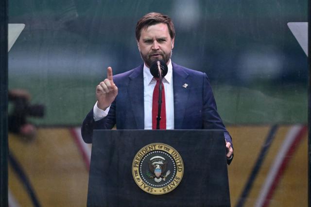 US Vice President JD Vance speaks during the Army 250th Anniversary Parade from the Ellipse in Washington, DC on June 14, 2025. US President Donald Trump reveled in a long dreamt-of military parade on his 79th birthday Saturday, as demonstrators across the country branded him a dictator in the biggest protests since his return to power. (Photo by Mandel NGAN / AFP)