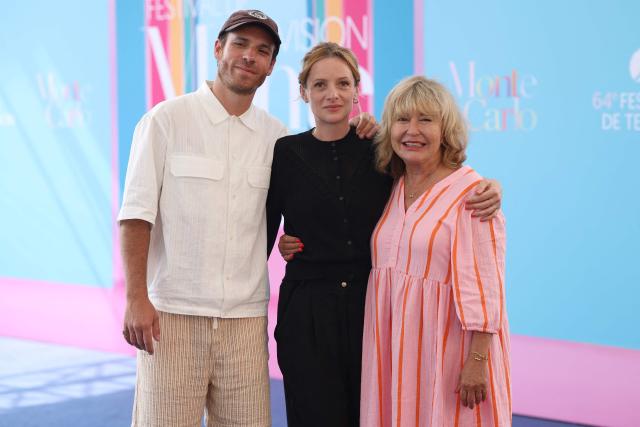 French actors Axel Huet (L) Charlie Bruneau (C) and Marie Vincent (R) pose during a photocall for the TV series "En famille" as part of the 64th Monte-Carlo Television Festival in the principality of Monaco on June 15, 2025. (Photo by Valery HACHE / AFP)