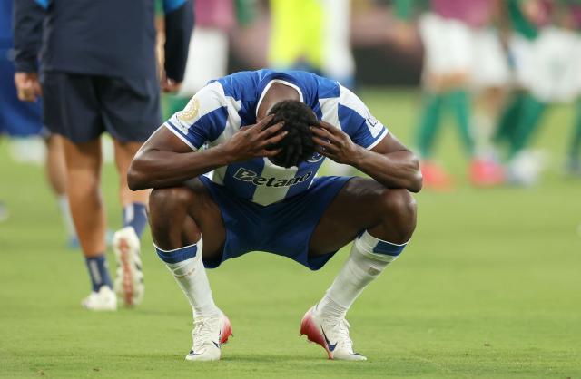 FC Porto's Spanish forward #09 Samu Aghehowa reacts after the Club World Cup 2025 Group A football match between Brazil's Palmeiras and Portugal's FC Porto at the MetLife stadium East Rutherford, New Jersey on June 15, 2025. (Photo by CHARLY TRIBALLEAU / AFP)
