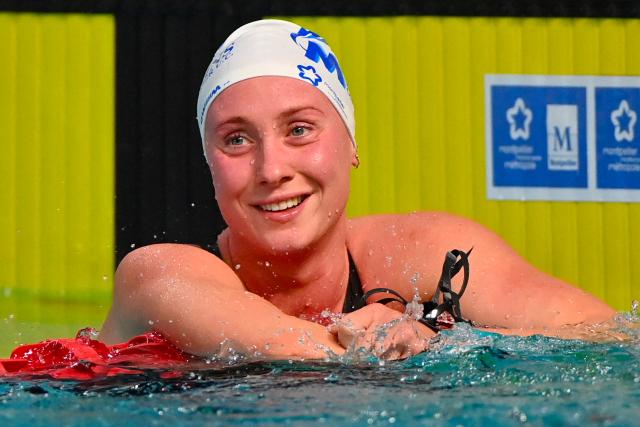 France's Anastasiia Kirpichnikova reacts after winning the women's 800m freestyle final during the French national swimming championships in Montpellier, southern France, on June 17, 2025. (Photo by Sylvain THOMAS / AFP)