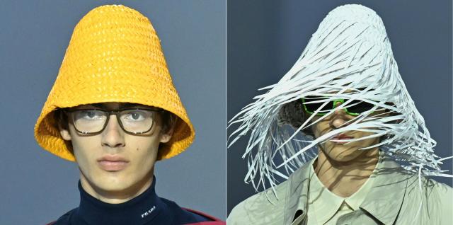 (COMBO) This combination of pictures created on June 22, 2025 shows
models presenting creations by Prada for the Menswear Ready-to-wear Spring-Summer 2026 collection as part of the Milan Fashion Week, in Milan on June 22, 2025. (Photo by Piero CRUCIATTI / AFP)