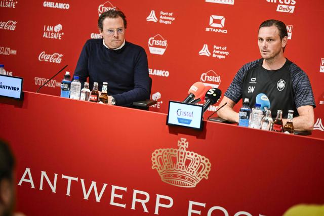 Antwerp's general manager Sven Jaecques (L) and Antwerp's head coach Stef Wils give a press conference for the upcoming 2025-2026 Belgian Proleague football season, in Antwerp on June 25, 2025. (Photo by Tom Goyvaerts / Belga / AFP) / Belgium OUT