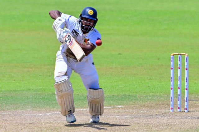 Sri Lanka's Kamindu Mendis plays a shot during the third day of the second Test cricket match between Sri Lanka and Bangladesh at the Sinhalese Sports Club (SSC) in Colombo on June 27, 2025. (Photo by Ishara S. KODIKARA / AFP)