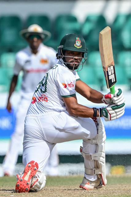 Bangladesh's captain Najmul Hossain Shanto watches the ball after playing a shot during the third day of the second Test cricket match between Sri Lanka and Bangladesh at the Sinhalese Sports Club (SSC) Ground in Colombo on June 27, 2025. (Photo by Ishara S. KODIKARA / AFP)