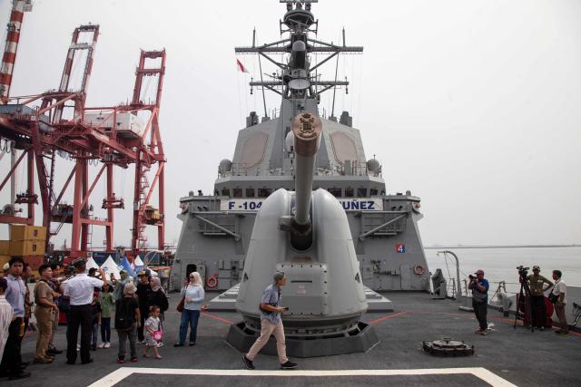 Visitors tour the Spanish Navy frigate Mendez Nunez during the ship's goodwill visit to Indonesia, at Tanjung Priok port in Jakarta on June 27, 2025. (Photo by ADITYA IRAWAN / AFP)
