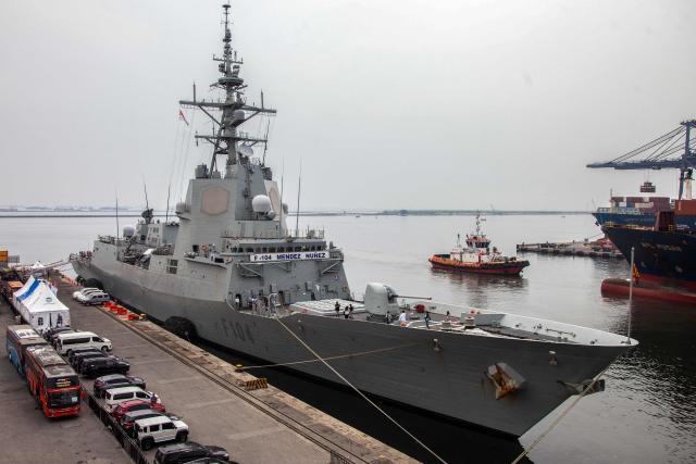 The Spanish Navy frigate Mendez Nunez is moored during the ship's goodwill visit to Indonesia, at Tanjung Priok port in Jakarta on June 27, 2025. (Photo by ADITYA IRAWAN / AFP)