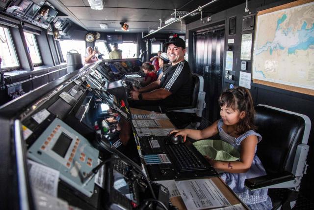 Visitors tour the bridge of the Spanish Navy frigate Mendez Nunez during the ship's goodwill visit to Indonesia, at Tanjung Priok port in Jakarta on June 27, 2025. (Photo by ADITYA IRAWAN / AFP)