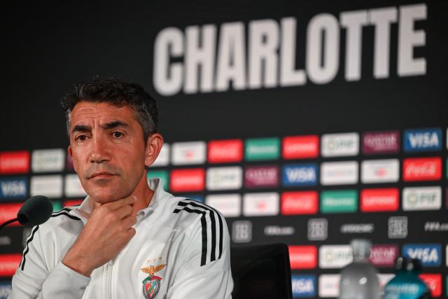 Benfica's Portuguese head coach Bruno Lage gestures during a press conference at Bank of America Stadium in Charlotte, North Carolina on June 27, 2025, ahead of the FIFA Club World Cup 2025 last 16 football match between Portugal's Benfica and England's Chelsea. (Photo by Paul ELLIS / AFP)