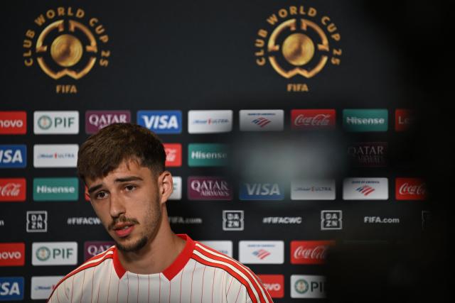 Benfica's Albanian defender #81 Adrian Bajrami speaks during a press conference at Bank of America Stadium in Charlotte, North Carolina, on June 27, 2025, ahead of the FIFA Club World Cup 2025 last 16 football match between Portugal's Benfica and England's Chelsea. (Photo by Paul ELLIS / AFP)