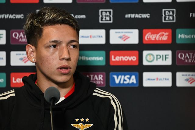 Benfica's Argentine forward #25 Gianluca Prestianni speaks during a press conference at Bank of America Stadium in Charlotte, North Carolina on June 27, 2025, ahead of the FIFA Club World Cup 2025 last 16 football match between Portugal's Benfica and England's Chelsea. (Photo by Paul ELLIS / AFP)
