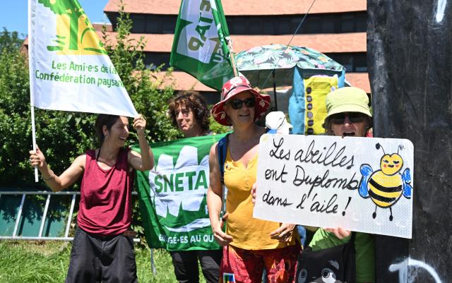 Protesters hold banners an unions' flags during a protest against the so-called Duplomb agricultural bill, which aims to "remove constraints on the exercise" of their profession, particularly by easing access to pesticides" in Pau, south-western France, on June 28, 2025. (Photo by Gaizka IROZ / AFP)
