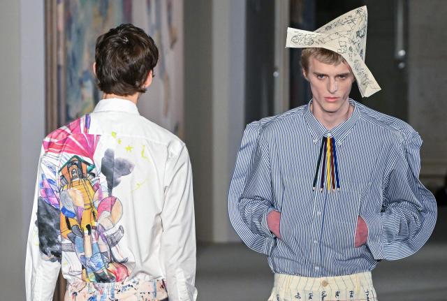 A model presentS a creation for KidSuper Menswear Spring-Summer 2026 collection show as part of the Paris Fashion Week in Paris, on June 28, 2025. (Photo by Bertrand GUAY / AFP)
