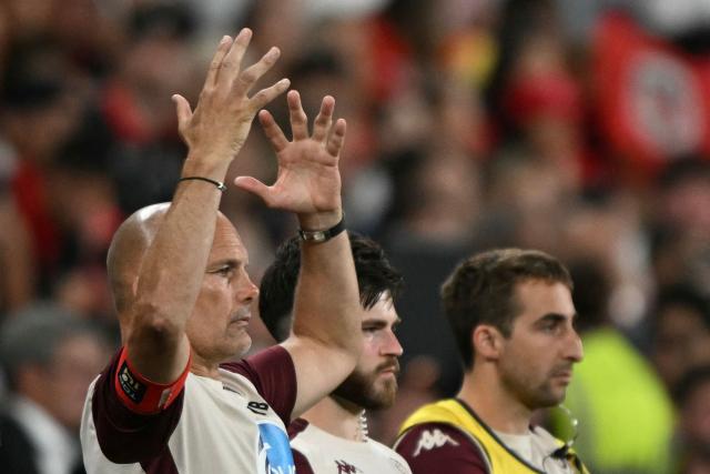 Bordeaux-Begles' French coach Yannick Bru reacts from the sidelines during the French Top 14 rugby union final match between the Stade Toulousain (Toulouse) and Union Bordeaux-Begles (UBB) at the Stade de France stadium in Saint-Denis, north of Paris, on June 28, 2025. (Photo by Julie SEBADELHA / AFP)