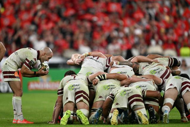 Bordeaux-Begles' French scrum-half Maxime Lucu feeds the scrum during the French Top 14 rugby union final match between the Stade Toulousain (Toulouse) and Union Bordeaux-Begles (UBB) at the Stade de France stadium in Saint-Denis, north of Paris, on June 28, 2025. (Photo by Julie SEBADELHA / AFP)