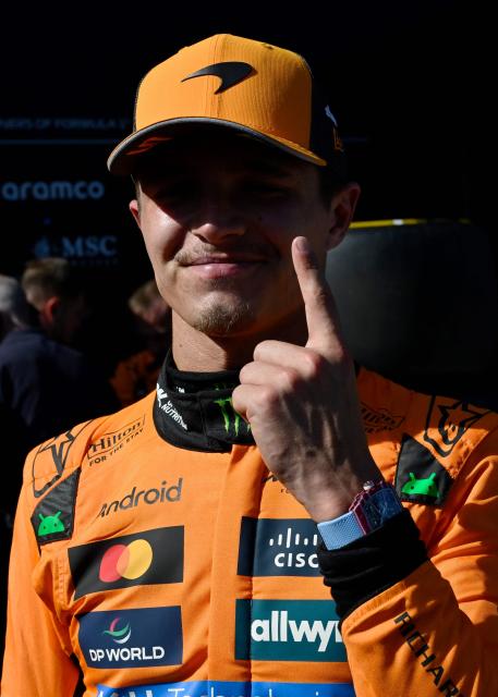 McLaren's British driver Lando Norris reacts after winning the Formula One Austrian Grand Prix at the Red Bull Ring race track in Spielberg, Austria, on June 29, 2025. (Photo by Denes Erdos / POOL / AFP)