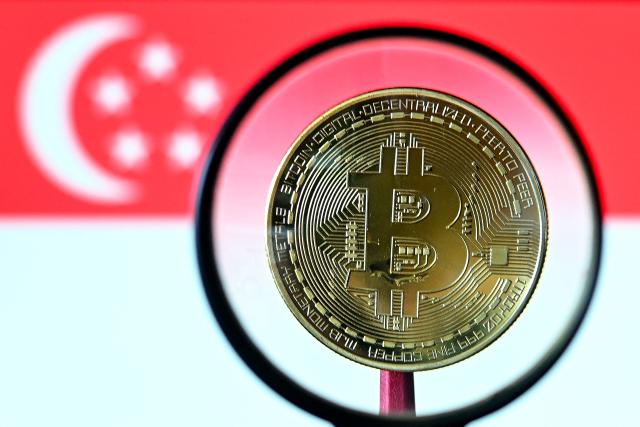 This illustration photograph taken on June 30, 2025 shows a Bitcoin cryptocurrency representation coin seen through a microscope against the backdrop of the Singapore national flag, in Bangkok. Singapore ramped up crypto exchange regulations on June 30, 2025 in a bid to curb money laundering and boost market confidence after a series of high-profile scandals rattled the sector. (Photo by MANAN VATSYAYANA / AFP)