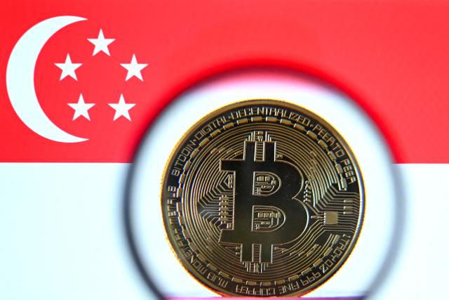 This illustration photograph taken on June 30, 2025 shows a Bitcoin cryptocurrency representation coin seen through a microscope against the backdrop of the Singapore national flag, in Bangkok. Singapore ramped up crypto exchange regulations on June 30, 2025 in a bid to curb money laundering and boost market confidence after a series of high-profile scandals rattled the sector. (Photo by MANAN VATSYAYANA / AFP)