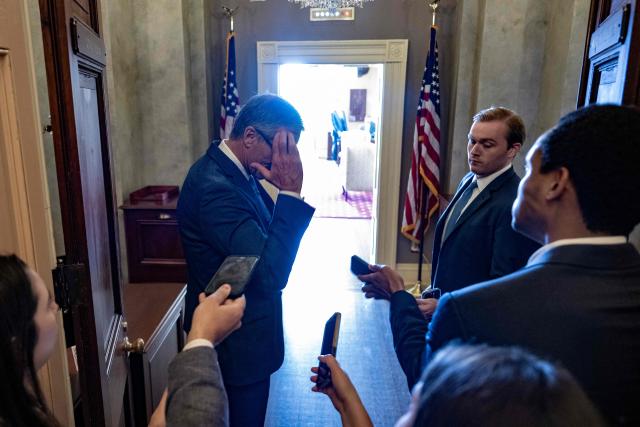 US Senate Majority Leader John Thune, Republican from South Dakota, gestures as he speaks to reporters outside of his office at the US Capitol in Washington, DC, on June 30, 2025. US senators began voting Monday on Donald Trump's flagship spending bill, as the deeply divisive package -- expected to slash social programs for the poor and add an eye-watering $3 trillion to the national debt -- entered its frenetic home stretch. Trump wants what he calls the "One Big Beautiful Bill" to extend his expiring first-term tax cuts at a cost of $4.5 trillion to the budget, boost military spending and fund his plans for unprecedented mass deportations and border security. (Photo by Jim WATSON / AFP)