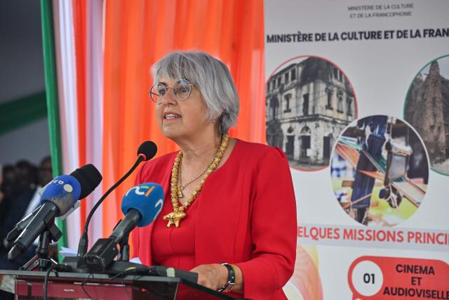 Swiss Interior Minister Elisabeth Baume-Schneider speaks during the inauguration of an extension of Ivory Coast's first archaeological museum in the village of Singrobo-Ahouty near Tiassale on June 30, 2025. Ivory Coast on June 30, 2025 inaugurated a new extension of its first archaeological museum after Stone Age relics surfaced when a dam was being built in the south of the country. (Photo by Issouf SANOGO / AFP)