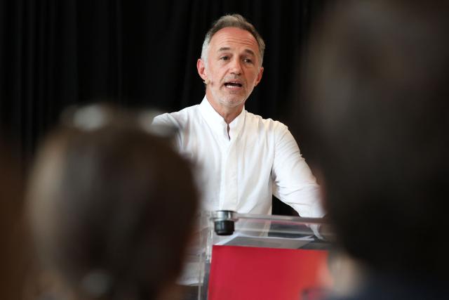 (FILES) Socialistes et Apparentes' MP Emmanuel Gregoire and candidate as Mayor of Paris delivers a speech during a public meeting in Paris on June 22, 2025. French MP Emmanuel Gregoire won the primary election to select the Socialist Party candidate for the 2026 municipal elections in Paris, the Parisian branch of the Socialist Party announced to the press on June 30, 2025. (Photo by ROMAIN PERROCHEAU / AFP)